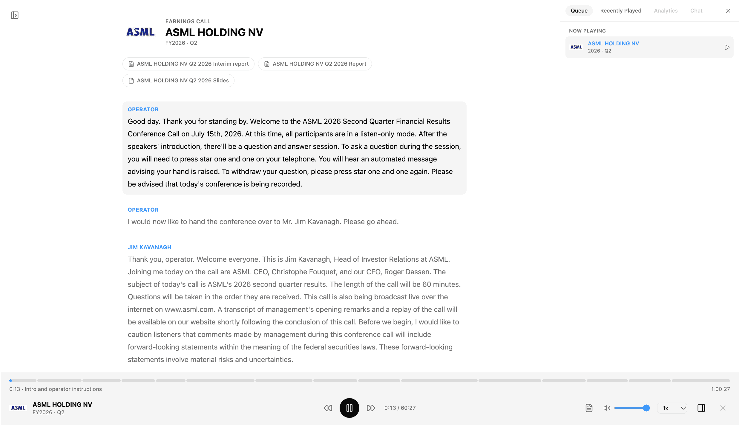 Live earnings, events audio & realtime transcripts — visual